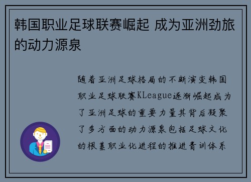 韩国职业足球联赛崛起 成为亚洲劲旅的动力源泉 韩国职业足球联赛崛起 成为亚洲劲旅的动力源泉